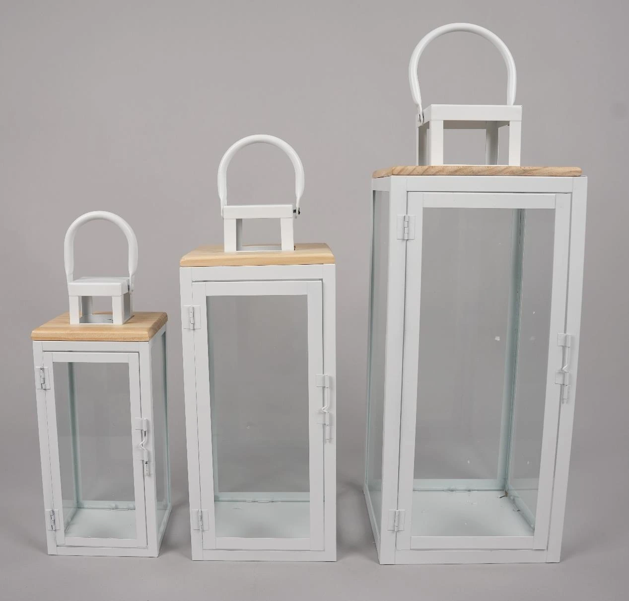 Metal & Wooden Lantern With Glass Set of 3 20x20x50, 16x16x40, 13x13x30